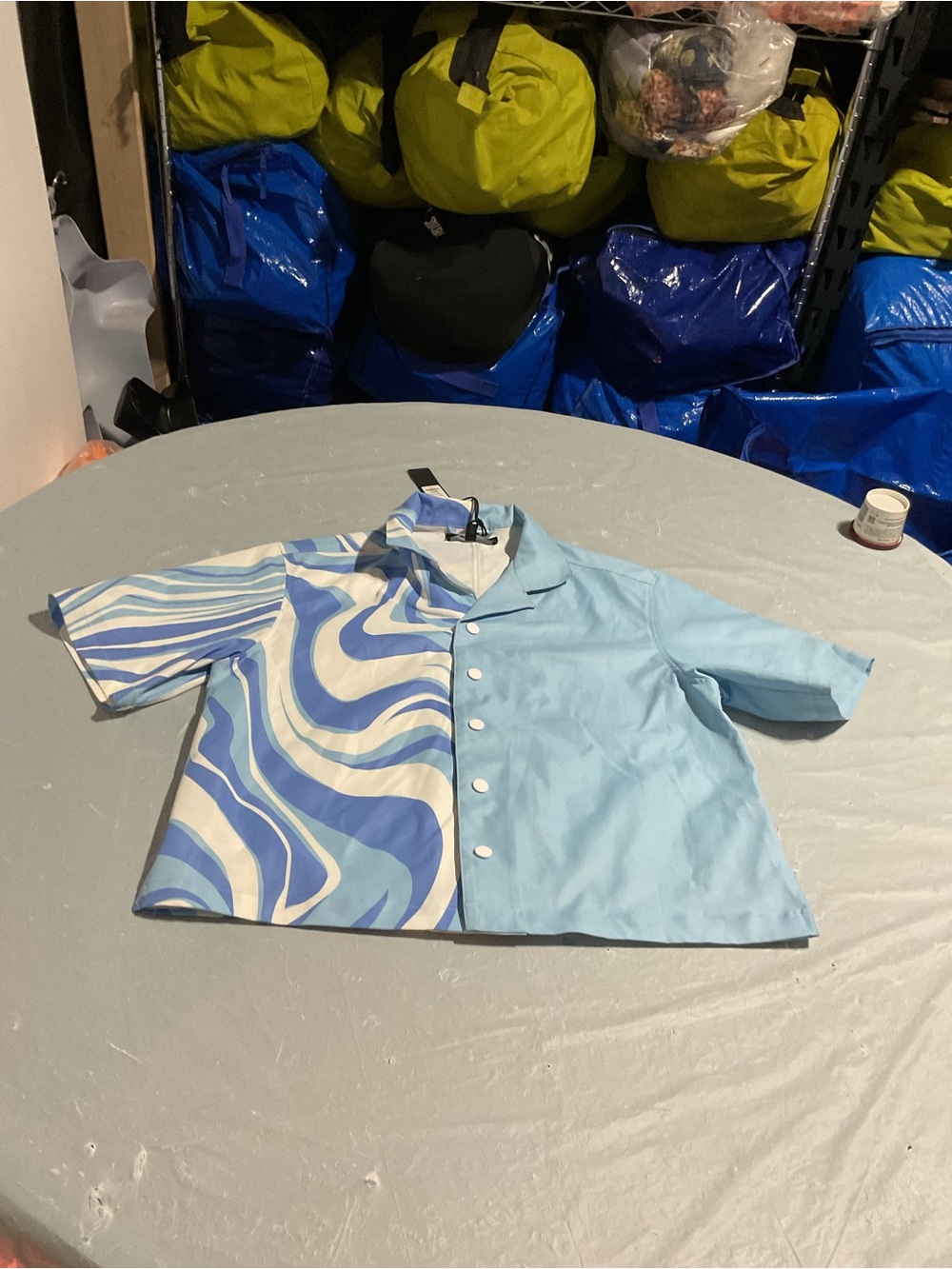 Men's Casual Button-Down Shirt in Light Blue with Blue Swirl Print